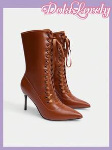 Dola Lovely Fashionable Women's Pointed Toe High Heel Boots, Sexy Pink Shaft Boots, Warm & Fluffy - Brown - View 7