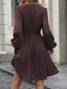 EMERY ROSE Women's Solid Color Criss-Cross V-Neck Lantern Sleeve Twist Waist Fashionable Dress