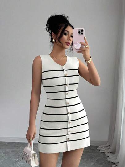 Elenzga Sleeveless Striped Metal Button Casual Knit Dress, Commuter Style, Vintage Look, For Women, Spring/Autumn
