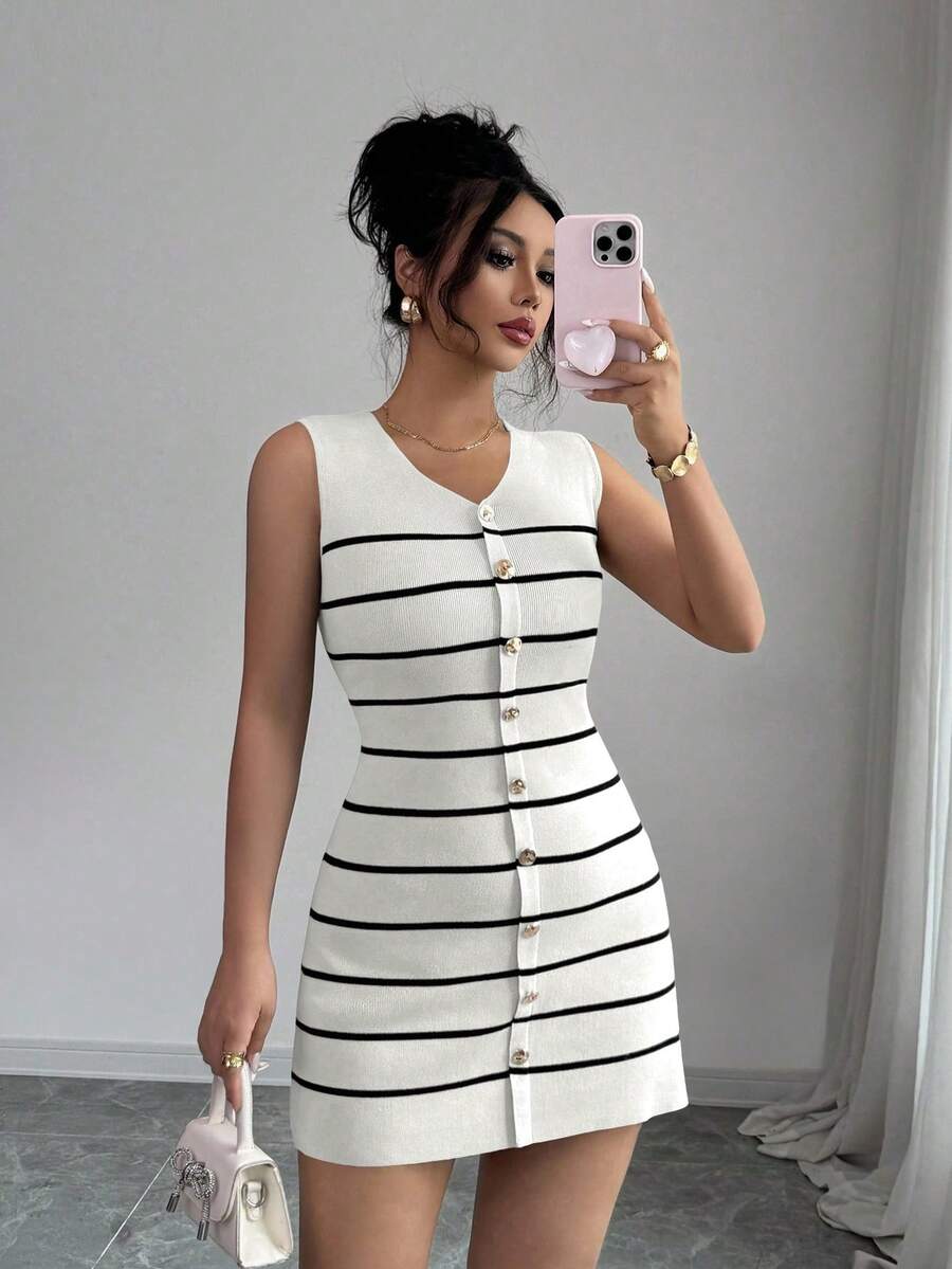 Elenzga Sleeveless Striped Metal Button Casual Knit Dress, Commuter Style, Vintage Look, For Women, Spring/Autumn