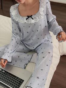 Dream Adore Conjunto de pijama de mujer con top de manga larga y pantalones con estampado de lazo, detalles de encaje de color contrastante, cómodo y elegante, ropa de otoño e invierno - Gris - Ver 3
