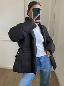 DAZY 女式简约纯色束腰V领保暖棉服外套 - 黑色 - 查看 6