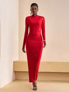 Zivah 2025 Autumn/Winter New Arrival Music Festival, Easter, St. Patrick's Day, Western, Nomadic, Birthday Party, Graduation, College Style, Student, Daily Casual, Basic Versatile, Leisure, Cruise Travel, Beach, Sunbathing, Viral, Streetwear, Wedding Guest Boho, Commute, Brunch, Airport, Red, Padded Shoulder, Long Sleeve Ruched Women's Maxi Dress - Red - View 4