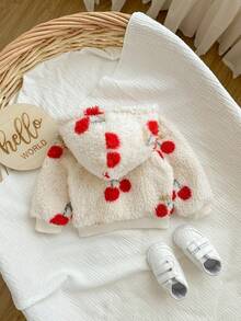 Newborn Baby Girl Cute Versatile Fuzzy Cherry Pattern Hooded Jacket, Autumn/Winter Fall