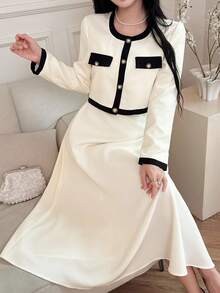 DAZY Women's Elegant Color Block Cardigan Dress Two Pieces Set, Autumn - Beige - View 3