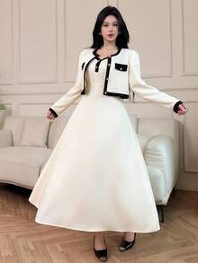 DAZY Women's Elegant Color Block Cardigan Dress Two Pieces Set, Autumn - Beige - View 4