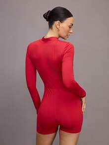 Activina Red Women's Sports Unitard Long Sleeve Jumpsuit With Stand Collar And Short Length Zipper Front For Active Wear