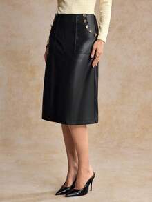 House of One High-Waist Slant Pockets A-Lined Black PU Midi Skirt With Front Slit Women Autumn Elegant Wear