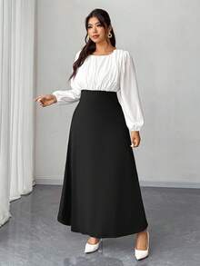 Elenzga Vestido Ajustado Tipo A com Manga Lanterna Colorblock Casual para Mulheres Plus Size, Adequado para Ano Novo