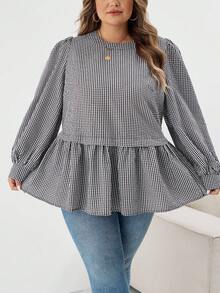 SHEIN CURVE+ Áo sơ mi tay loe cổ tròn kẻ caro đen trắng cỡ lớn thường ngày/Mùa thu/Mùa đông - Đen và trắng - Xem 5
