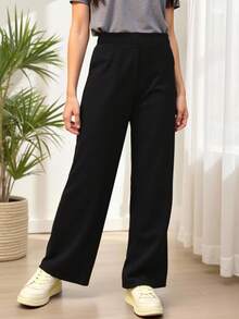 SHEIN Teen Girl Solid Color Elastic Waist Casual Simple Long Pants, Daily Wear - Black - View 4