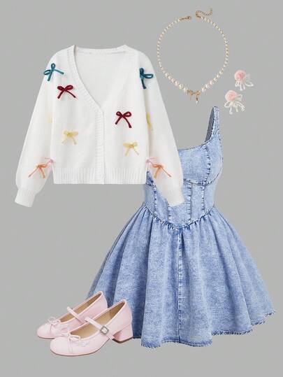 SHEIN MOD 加大码女款彩色蝴蝶结装饰针织开衫，可爱秋冬开衫，加大码白色彩色蝴蝶结毛衣，可爱蝴蝶结，返校毛衣