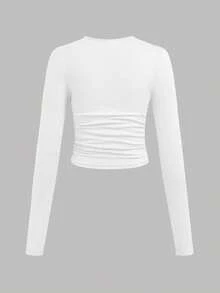 SHEIN 3pcs/Set Tween Girl Fitted Casual Solid Color Handmade Ribbon Bow Crew Neck Ruched Long Sleeve T-Shirts,Cute School White Winter Fall Pink Black Tops - Multicolor - View 9