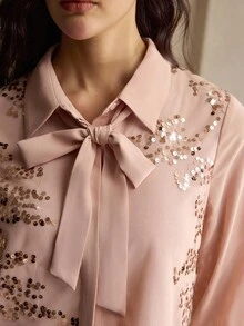 ZEYLAH Elegant Women's Long Sleeve Casual Shirt With Romantic Ribbon Collar And Sequin Decor - Apricot - View 2
