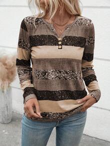 EMERY ROSE Women's Casual V-Neck Long Sleeve Striped Button T-Shirt With Random Print, Autumn Graphic Tees Women Tops For Spring - Multicolor - View 4