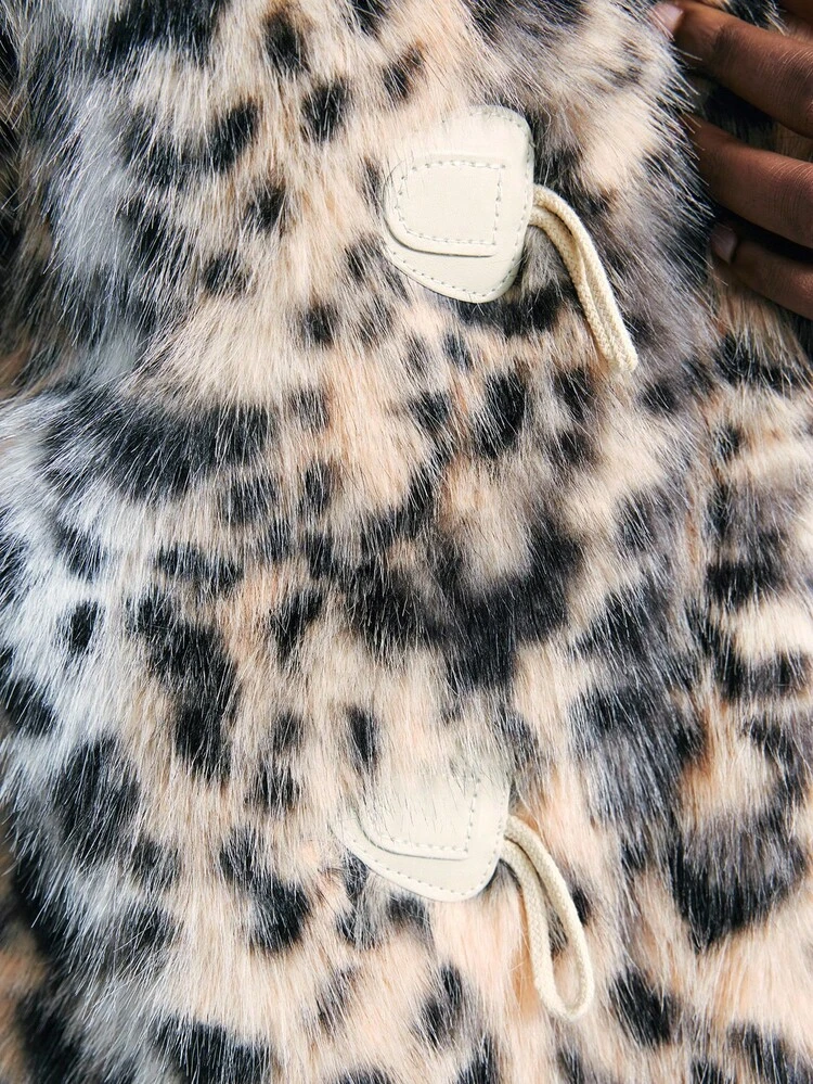SHEIN Maija Tierdruck flauschiger Kunstpelz Leopardenmuster Oversized Loose Fit Herbst/Winter Damen Pelzmantel, urban modisch & vielseitig, Herbst für Frauen, Halloween Kostüme, Weihnachten Damen Wintermantel Silvester Braun Party