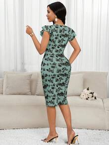 SHEIN Lady 女式 V 领花卉印花荷叶边优雅中长连衣裙女士连衣裙中长连衣裙女士服装连衣裙 - 綠色 - 查看 2