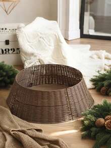 Cirelle 1pc, Christmas Tree Collar, Plastic Rattan Christmas Tree Skirt, Rural Decoration, Christmas Tree Skirt Base, Natural Woven Christmas Tree Fence, Farmhouse Paper Rope Christmas Tree Skirt, Holiday Rural Brown Base Cover For Christmas Tree Decoration, Christmas Decoration, Christmas Gifts - Brown - View 3