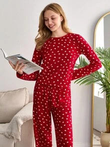 EURMUSE Women 2 Pcs Fuzzy With Striped Heart Pattern Long Sleeve Shirt&Pants Homewear Comfort Set - Red - View 3