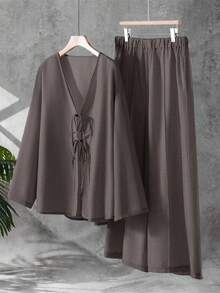 Linhara Plus Size Solid Color Casual Tie-Up Top And Wide Leg Pants 2 Pieces Set - Rust Brown - View 1