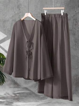 Linhara 大码纯色休闲系带上衣和阔腿裤两件套