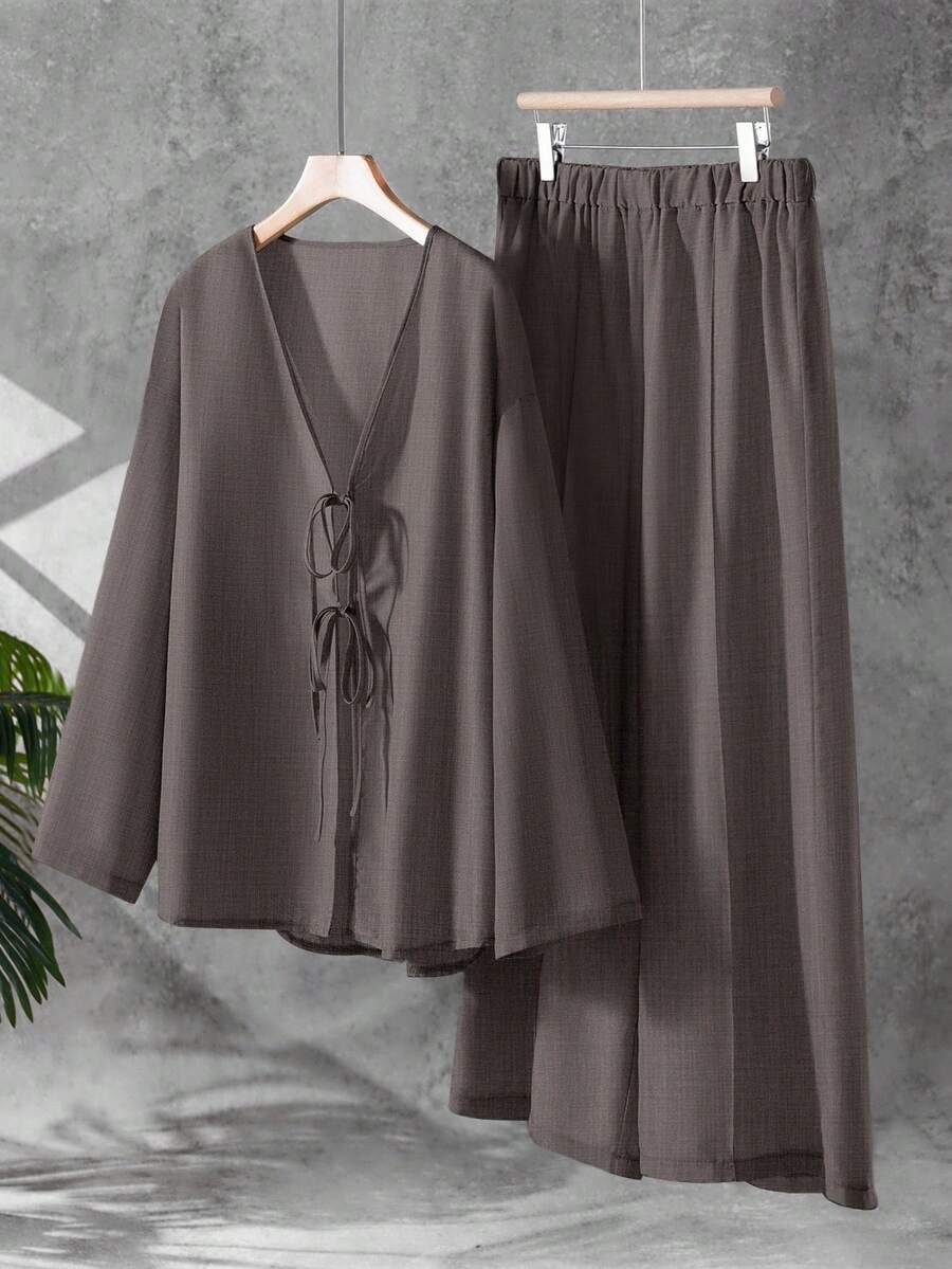 Linhara Plus Size Solid Color Casual Tie-Up Top And Wide Leg Pants 2 Pieces Set - Rust Brown - View 1