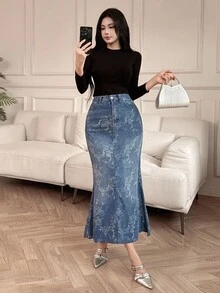 DAZY 女士休闲印花牛仔A字裙 - 中等水洗藍 - 查看 5