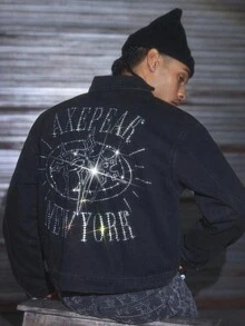 AXEPEAK Men's Washed Rhinestone Embellished Long Sleeve Denim Jacket, Stylish Short Outerwear, Fall - Black - View 1