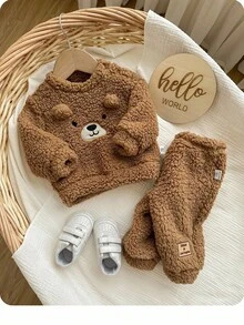 Newborn Baby Girl Cute Fluffy Cartoon Pattern Long Sleeve Sweatshirt Set, Autumn/Winter Fall - Brown - View 4