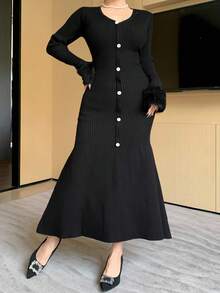 DAZY Váy len đuôi cá cổ chữ V chắp vá tua rua dành cho nữ, mùa thu - màu đen - Xem 5