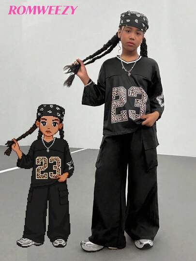 2 件套青少年女孩休闲 V 领 T 恤和工装裤，豹纹拼布运动时尚套装，舒适