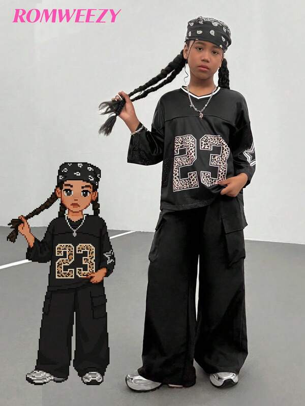 2 件套青少年女孩休闲 V 领 T 恤和工装裤，豹纹拼布运动时尚套装，舒适