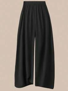 Flirla 加大码纯色圆领不对称褶皱短袖 T 恤和阔腿裤两件套，休闲百搭宽松度假日常穿着，夏季