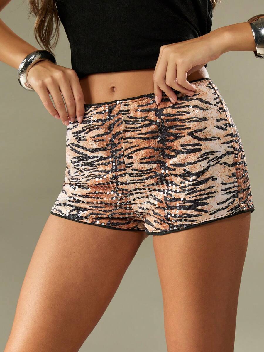MISSGUIDED Quần short ngắn họa tiết hổ cạp cao lấp lánh lấp lánh gợi cảm dự tiệc câu lạc bộ trang phục dạ hội ngày lễ giáng sinh năm mới - màu nâu - Xem 1