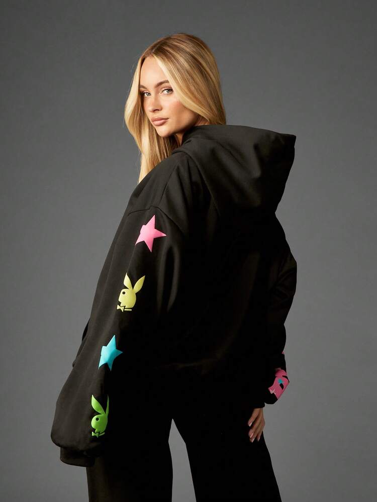 Missguided x Playboy 로고가 있는 오버사이즈 퍼프 프린트 후드 티셔츠