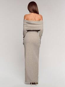 SHEIN BAE Đầm dài tay trễ vai màu trơn đơn sắc dành cho nữ, trang phục dự tiệc dành cho nữ, váy năm mới dành cho nữ, quần áo Giáng sinh dành cho nữ, váy thanh lịch dành cho nữ - Màu be - Xem 2