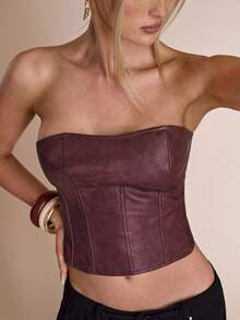 SHEIN BAE Áo Bandeau ôm sát màu trơn thời trang gợi cảm dành cho nữ - Màu Khaki - Xem 5