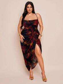 SHEIN BAE 加大码女款紫色网眼印花褶饰高开衩垂坠领吊带背心裙，春夏，Y2K，美国独立日服装，性感女款夜店服装，乡村音乐会服装，美国独立日，女款音乐会服装，狂欢节服装，女款西部服饰，毕业礼服，女款度假服装，碎花，女款夏季服装，优雅女款连衣裙，太阳裙，飘逸连衣裙 - 紅色 - 查看 1