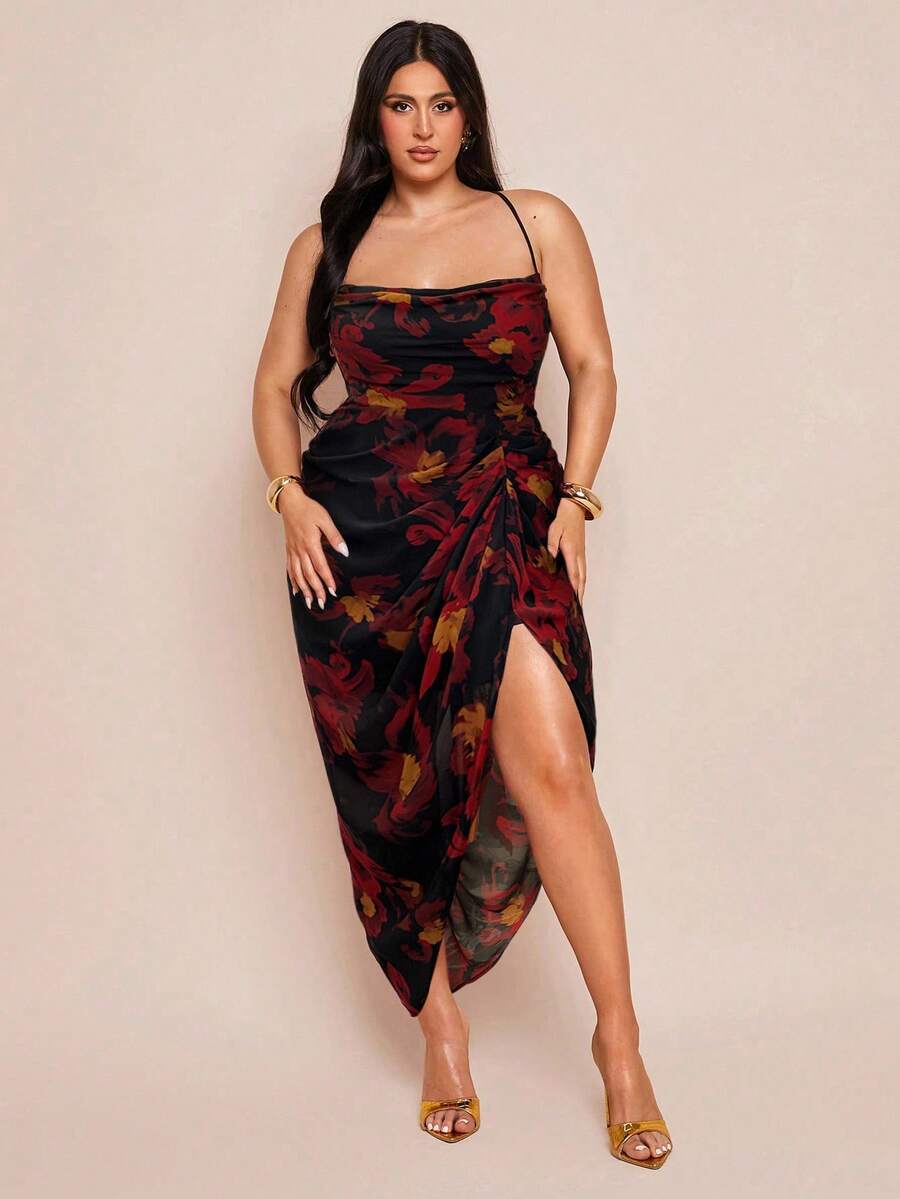 SHEIN BAE 加大码女款紫色网眼印花褶饰高开衩垂坠领吊带背心裙,春夏,Y2K,美国独立日服装,性感女款夜店服装,乡村音乐会服装,美国独立日,女款音乐会服装,狂欢节服装,女款西部服饰,毕业礼服,女款度假服装,碎花,女款夏季服装,优雅女款连衣裙,太阳裙,飘逸连衣裙 - 紅色 - 查看 1