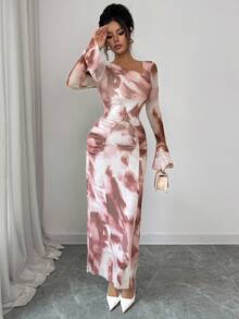 Elenzga 2025年新款秋季女式法式复古扎染印花网眼设计褶皱修身喇叭袖紧身迷你连衣裙 - 彩色 - 查看 8