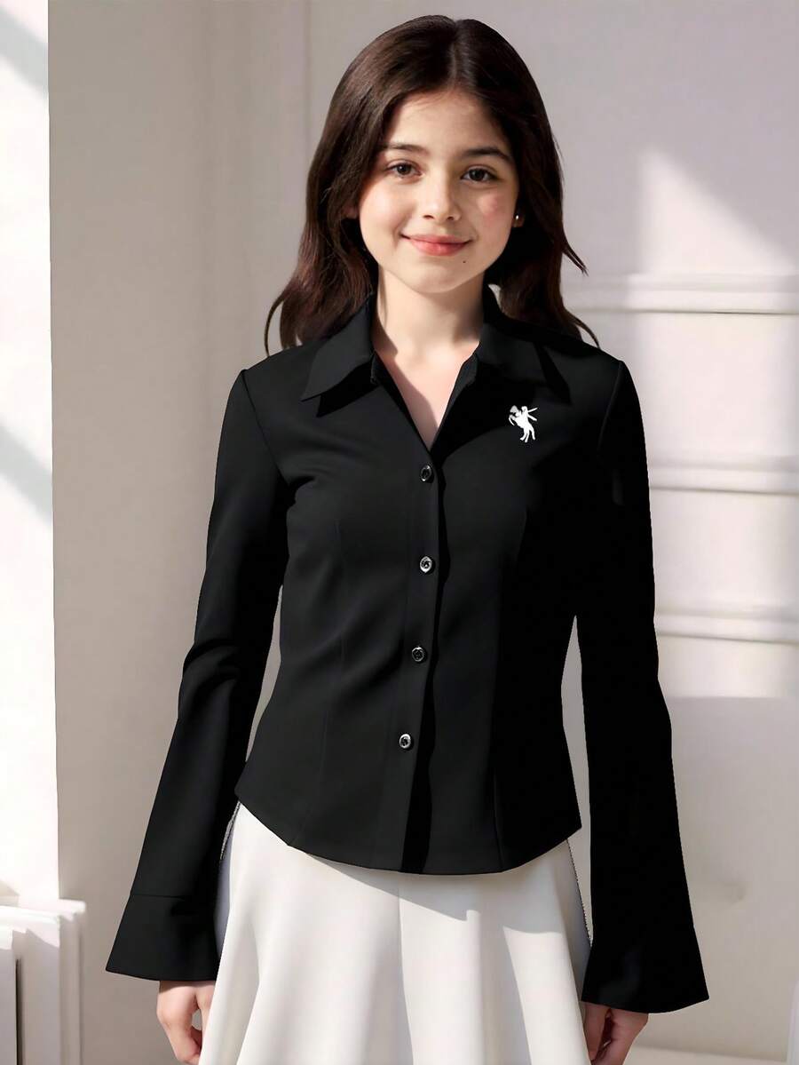 Tween Girls' Printed Fitted Button-Down Long Sleeve Casual Shirt, Book Week Costumes For Tween Girl Fall Winter - Black - View 1