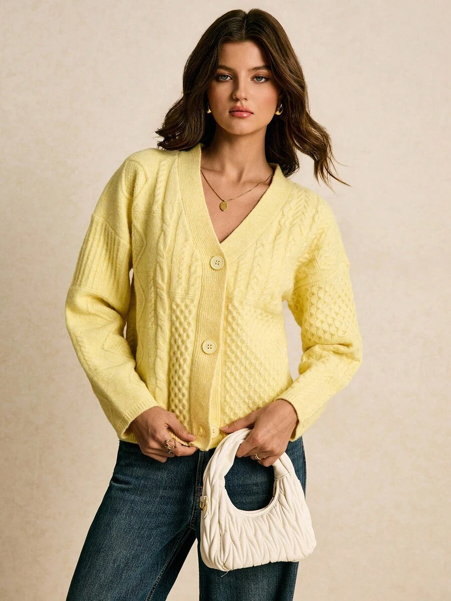 Poéselle 女式休闲麻花落肩长袖针织开衫，秋冬 - 黃色 - 查看 1