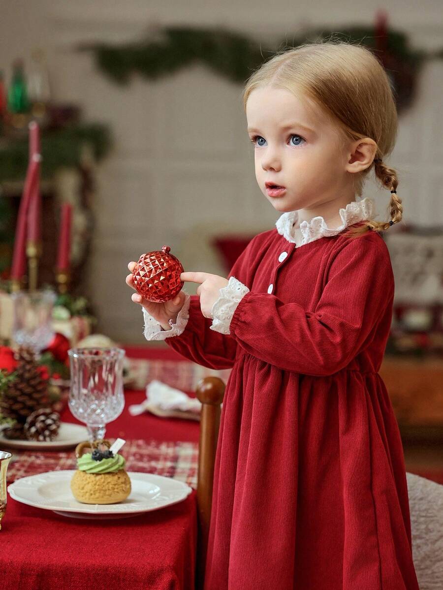 Souflis Souflis Elegant French Style Burgundy Color Baby Girl Dress With Small Stand Collar Red Dress Toddler Girl Baby Red Dress Baby Dress Burgundy Fall Winter