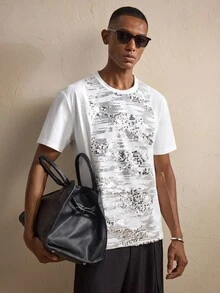 AKNOTIC Men's Round Neck Short Sleeve Sequin Patchwork Design T-Shirt - White - View 5
