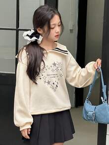 女童海军蓝领针织保暖长袖休闲运动衫，心形印花，学院风，秋季 - 米色 - 查看 5