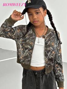 青少年女孩日常休闲树枝印花拉链夹克 - 彩色 - 查看 9