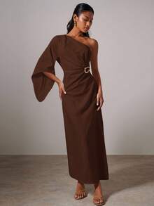 COSMINA 女士优雅金属扣不对称连衣裙 - 棕色 - 查看 4