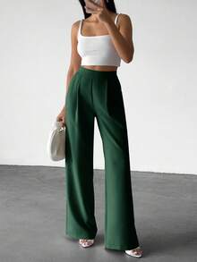 EURMUSE 女士纯色高腰褶皱阔腿宽松休闲裤，适合上班 - 墨綠色 - 查看 7