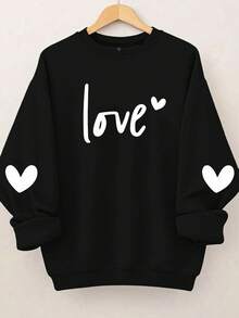 EMERY ROSE Plus Size Women's Love Letter Heart-Shaped Pattern Printed Round Neck Sweatshirts - Black - View 1