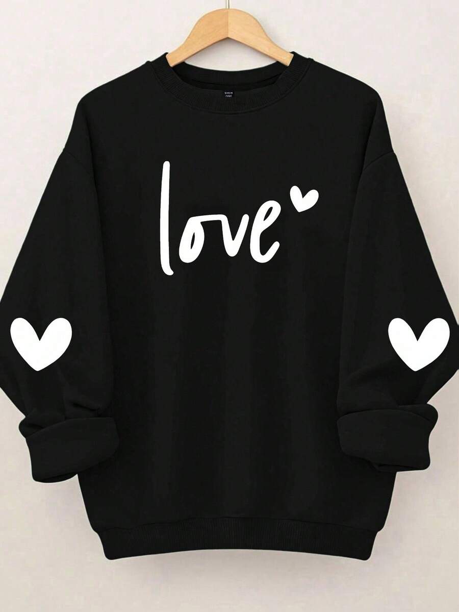 EMERY ROSE Plus Size Women's Love Letter Heart-Shaped Pattern Printed Round Neck Sweatshirts - Black - View 1
